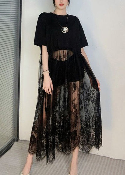 Black Hollow Out Lace Patchwork T Shirt Dress Summer