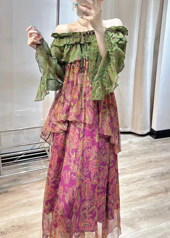 Purple Print Chiffon Top and Maxi Skirts Two Pieces Set Fall