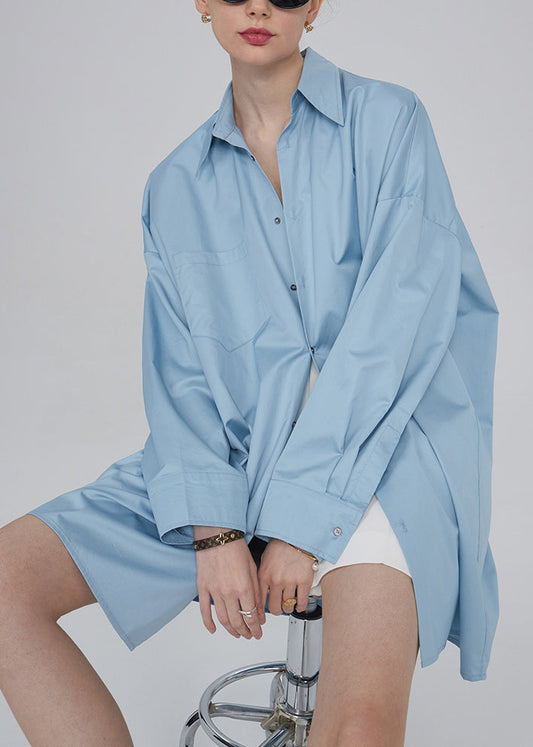 Blue Button Pockets Patchwork Cotton Blouses Fall
