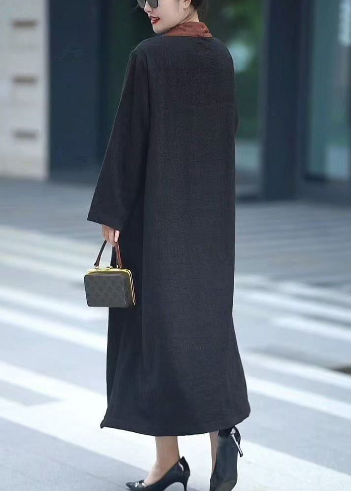Black V Neck Chinese Button Pockets Cotton Dresses Fall