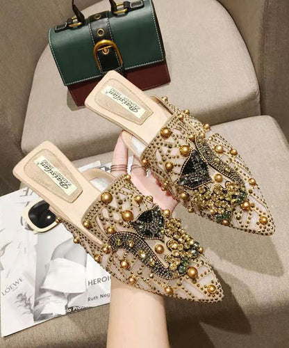 Apricot Zircon Nail Bead Pointed Toe Slide Sandals