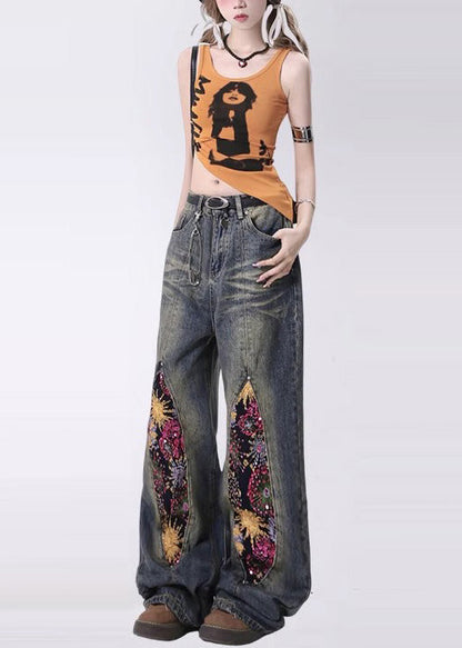 Navy Sequins Patchwork Denim Pants Spring