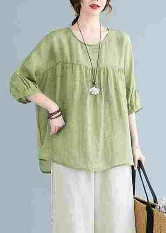 Green O-neck Patchwork Wrinkled Top Half Sleeve