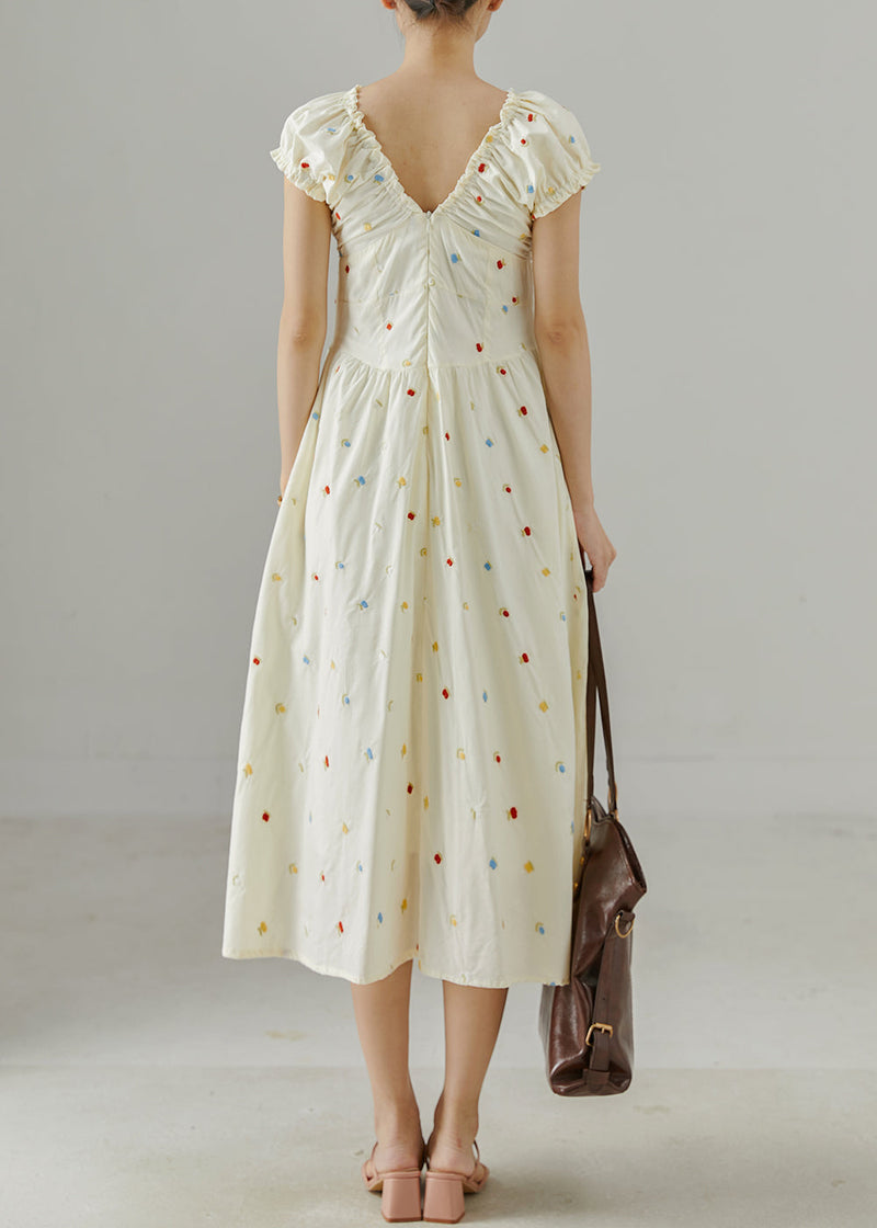 White Embroidered Wrinkled Cotton Maxi Dress Summer