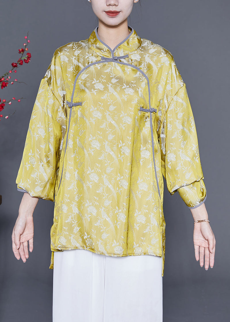 Chinese Style Yellow Print Chinese Button Silk Shirt Tops Summer