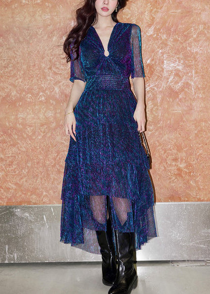 French Navy V Neck High Waist Silk Long Dress Summer