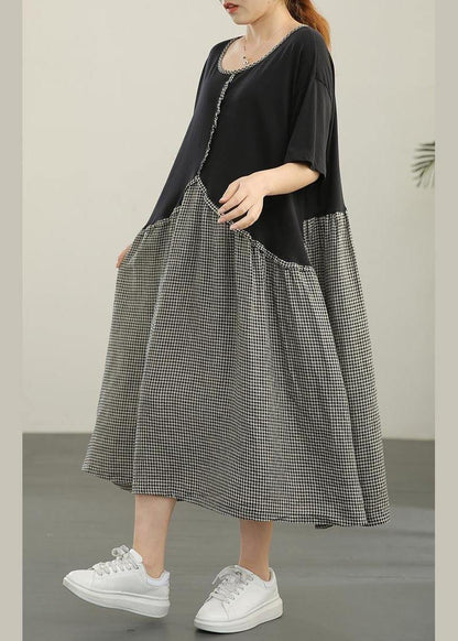 Loose Black Patchwork Plaid Asymmetrical Design Dresses Summer Cotton Linen