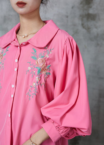Rose Embroidered Cotton Shirt Tops Lantern Sleeve