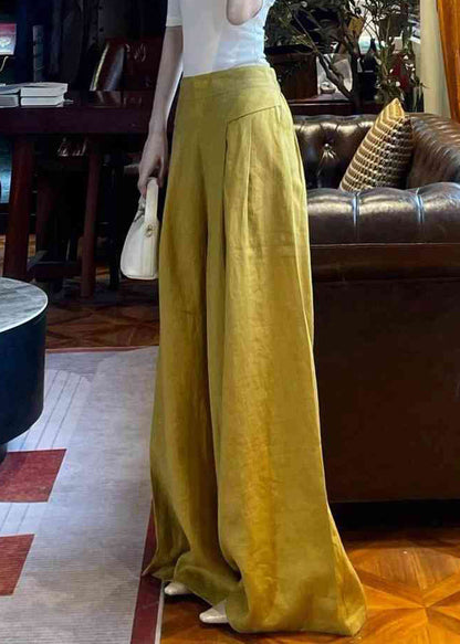 Yellow Pockets High Waist Linen Wide Leg Pants Summer
