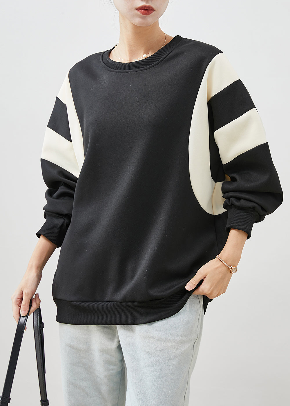 Black Oversized Patchwork Cotton Sweatshirt Spring