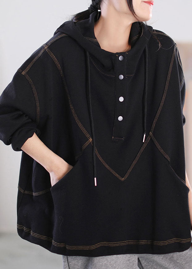 Stylish Black Hooded Pockets Cotton Sweatshirts Top Long Sleeve