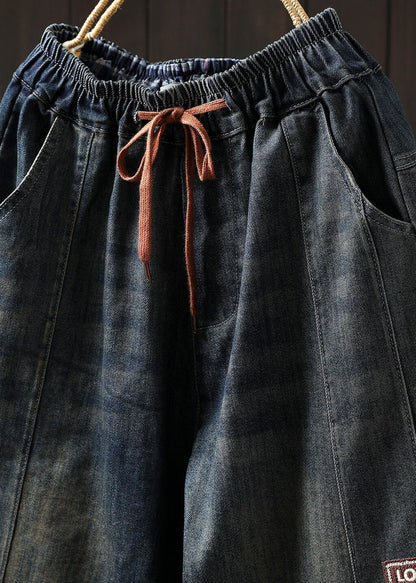 Blue Pockets Elastic Waist Patchwork Denim Harem Pants Spring