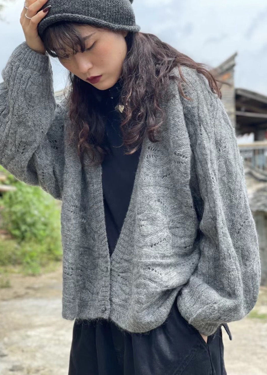 Chocolate Retro V Neck Button Fall Wool Knit Coat