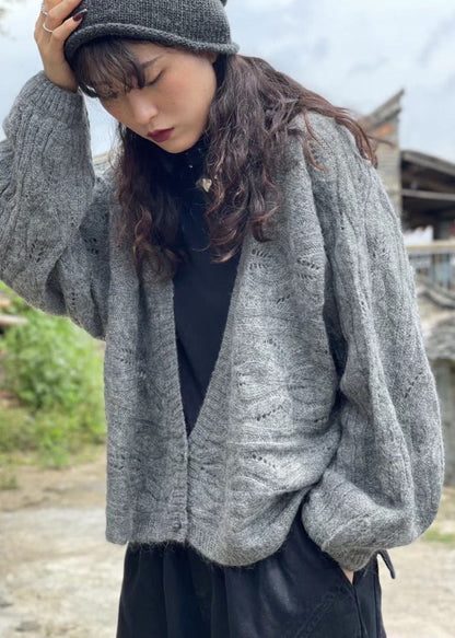 Chocolate Retro V Neck Button Fall Wool Knit Coat