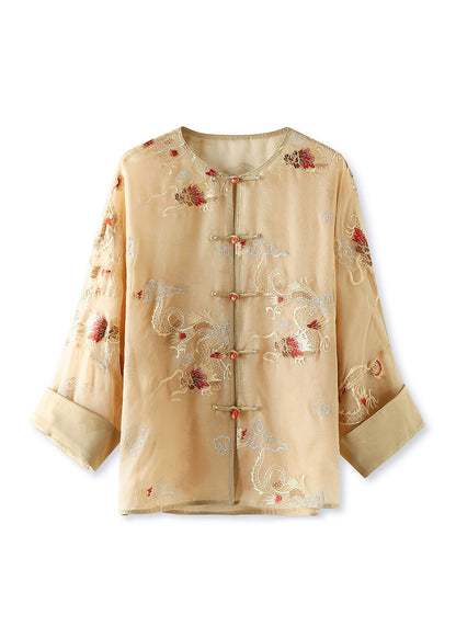Yellow Embroidered Oriental Button Silk Organza Shirts Top Spring