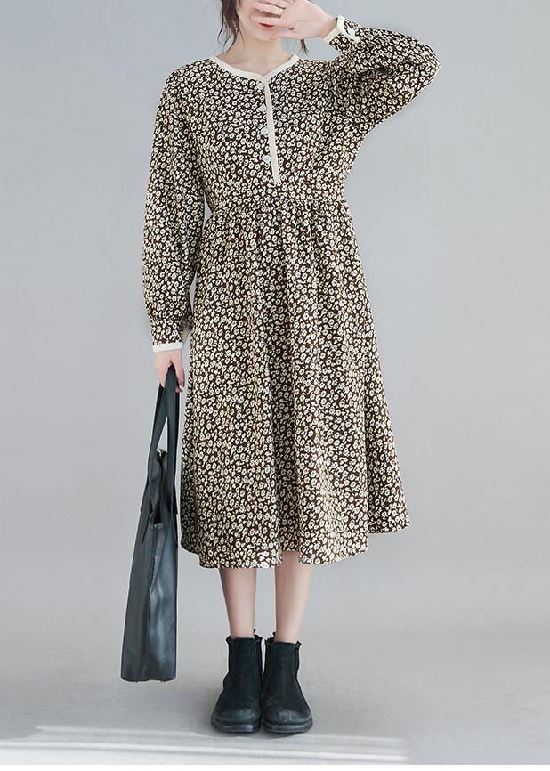 French O Neck Spring Tunics Tunic Khaki Print a Line Dress