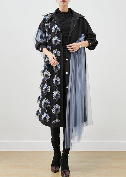 Black Ruffled Patchwork Tulle Cotton Shirt Dress Fall