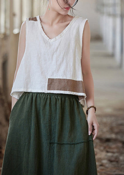 White V Neck Patchwork Linen Shirt Top Sleeveless