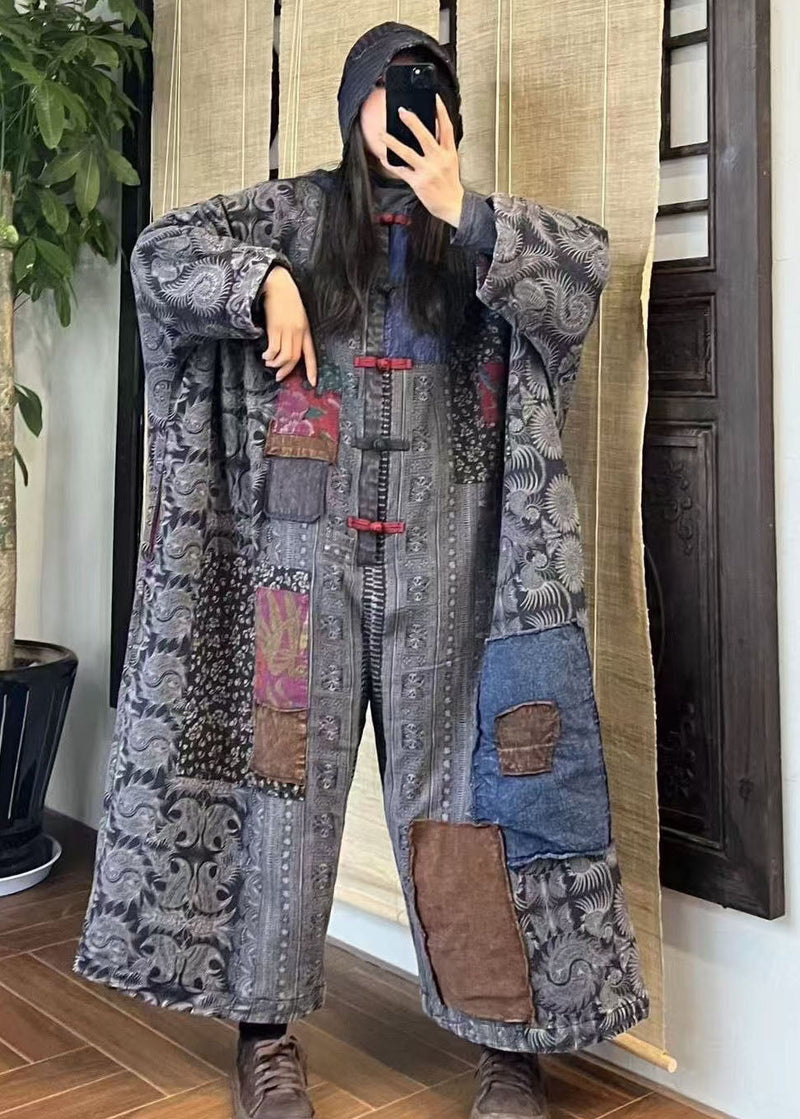 Blue Oriental Button Patchwork Fine Cotton Filled Jumpsuits Winter