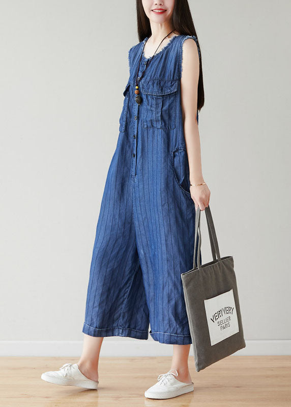 Classy Navy O-neck Striped Cotton Jumpsuits Wide Leg Pants Sleeveless
