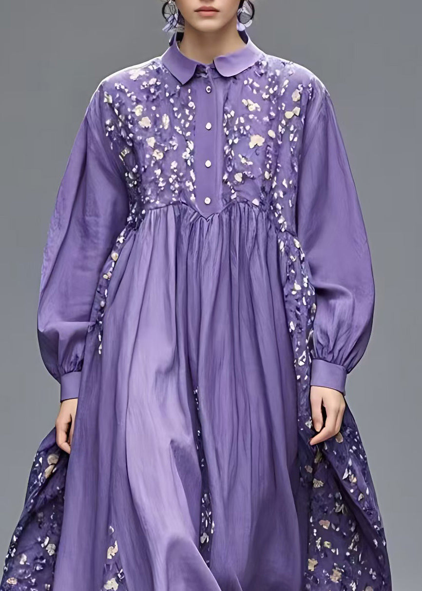French Purple Peter Pan Collar Patchwork Long Dresses Long Sleeve Spring
