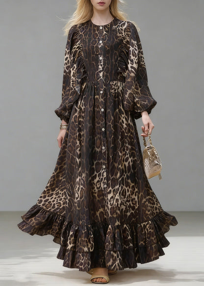 Stylish Brown Oversized Leopard Print Long Dress Lantern Sleeve