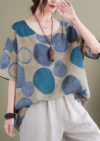 Blue O-neck Print Linen Tank Tops for Short Sleeve
