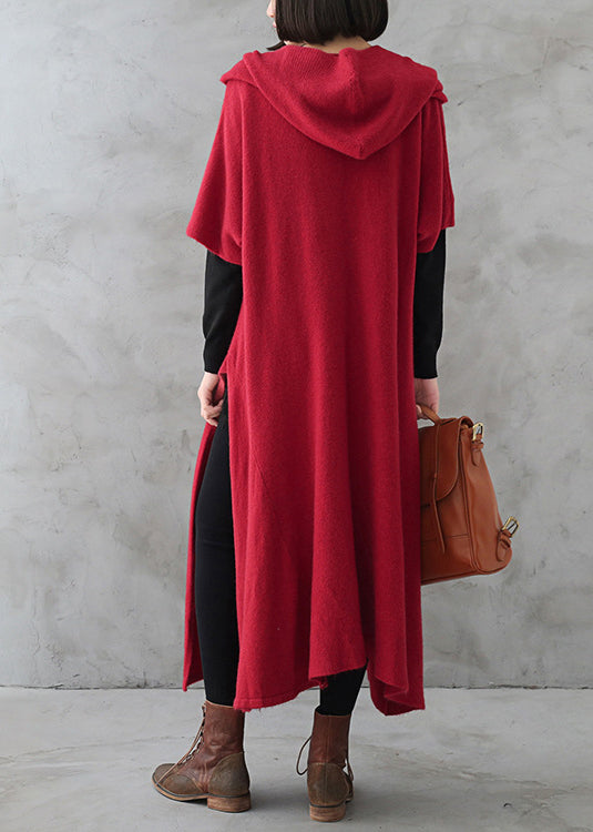 Red V Neck Side Open Cashmere Knit Holiday Sweater Dress Fall
