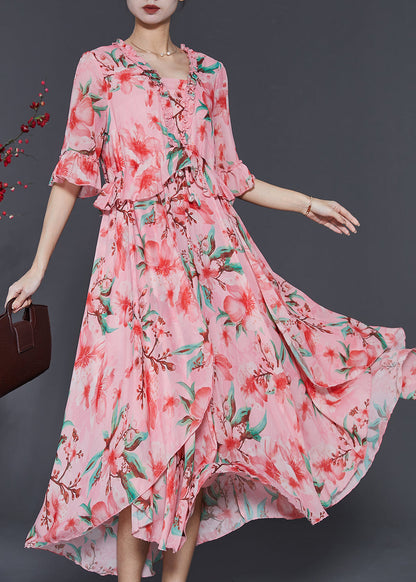Pink Ruffled Print Exra Large Hem Chiffon Dresses Summer