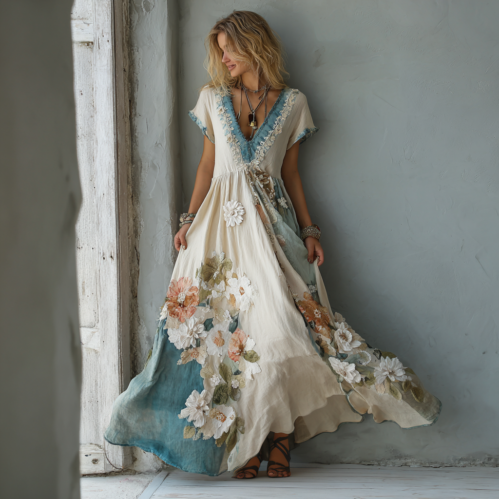 Women's Vintage Oil Painting Floral Art Stitching Linen Dress artswardrobe
