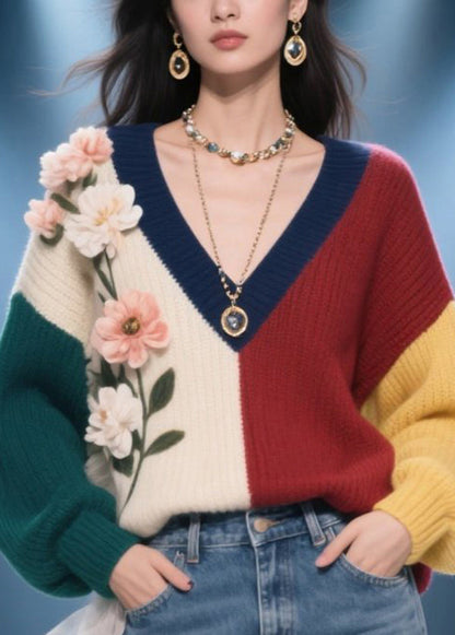 Style Colorblock V Neck Knit Pullover Fall