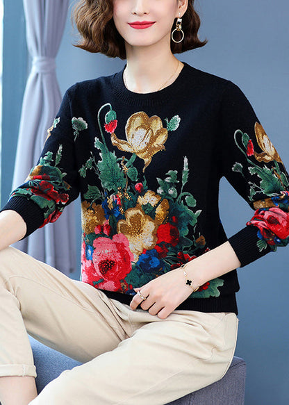 Black O Neck Print Wool Knit Sweater Long Sleeve