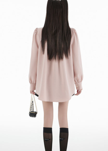 Pink Ruffled Patchwork Wrinkled Chiffon Top Puff Sleeve