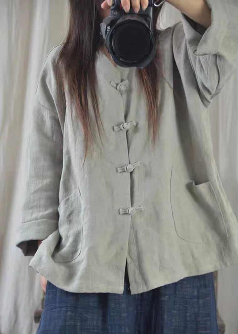 Oversized Chinese Button Pockets Linen Shirt Fall