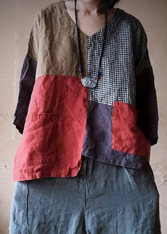 V Neck Pockets Asymmetrical Patchwork Pockets Linen Tops Long Sleeve