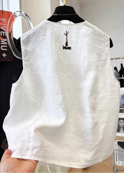 White V Neck Embroideried Cotton Vest Sleeveless
