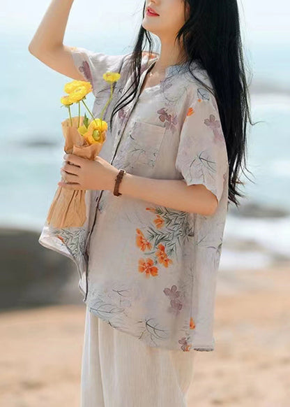 Purple Print Button Patchwork Linen Blouse Tops Summer