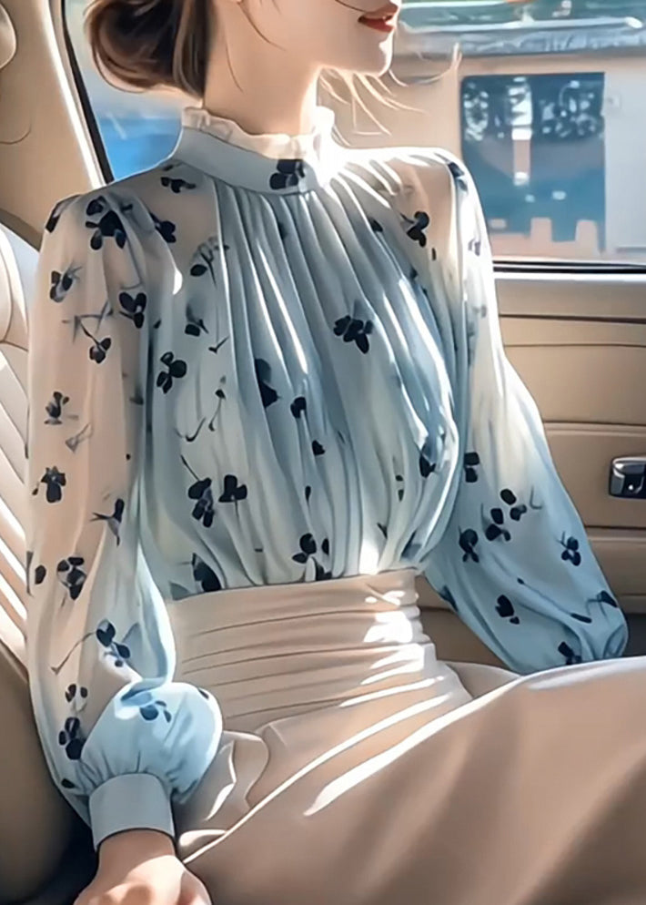 Blue Ruffled Print Wrinkled Chiffon Shirt Fall