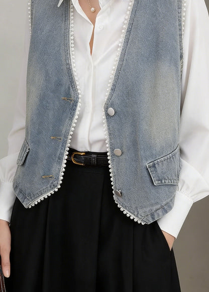 Blue V Neck Pearl Edge Patchwork Denim Vest Sleeveless