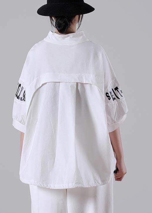 White Zippered Cotton Blouse Tops Summer