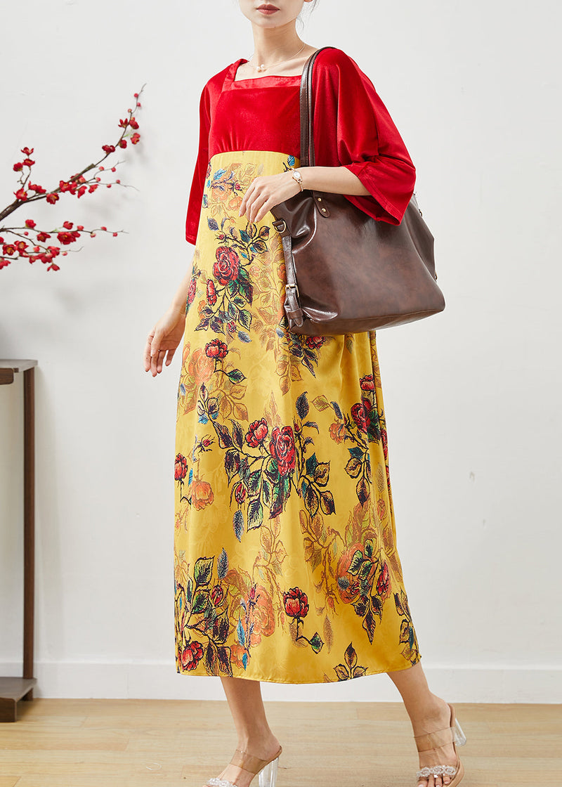 Stylish Colorblock Square Collar Patchwork Silk Velour Dress Summer