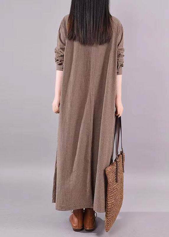 Coffee O Neck Plaid Patchwork Cotton Long Dress Fall