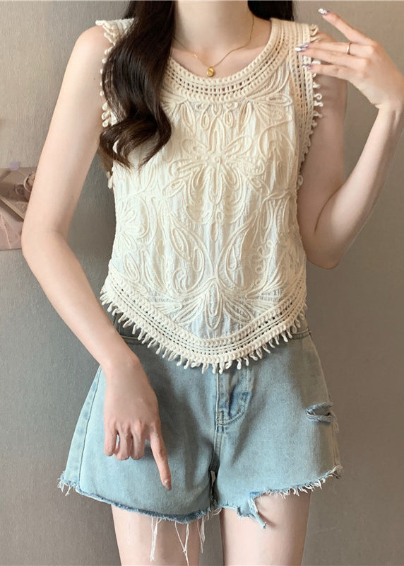 Apricot O-neck Tassel Lace Vest Sleeveless