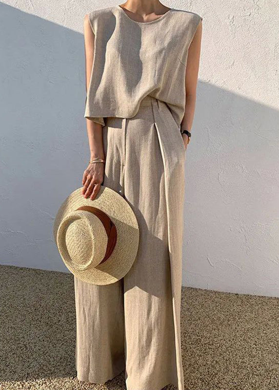 Boutique Khaki O-neck T Shirt and Wide Leg Pants Two Pieces Set Sleeveless Summer