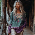 Bohemian Embroidered Floral Contrast Crew Neck Linen Blend Blouse artswardrobe