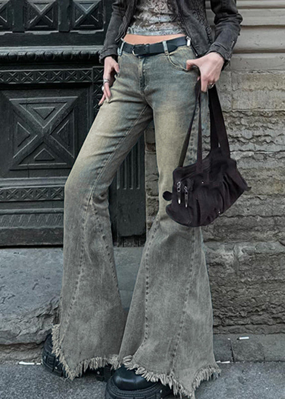 Natural Patchwork Pockets Denim Flared Trousers Spring