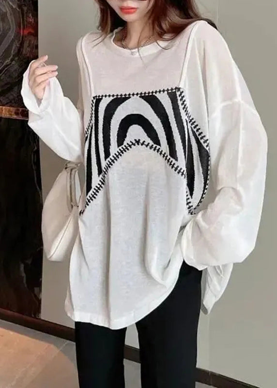 Loose White O-neck Print Tops Spring