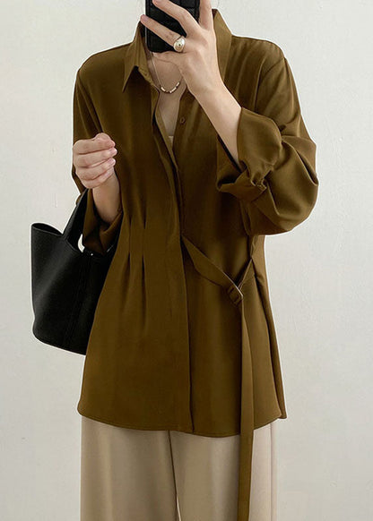 Caramel Peter Pan Collar Cinched Shirt Spring