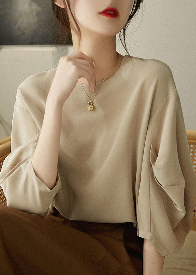 Khaki O-neck Cinched Chiffon Shirt Tops Lantern Sleeve