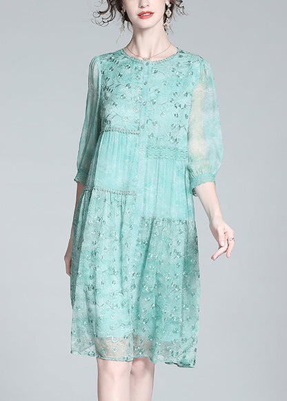 Light Green O-neck Embroideried Button Long Dresses Summer